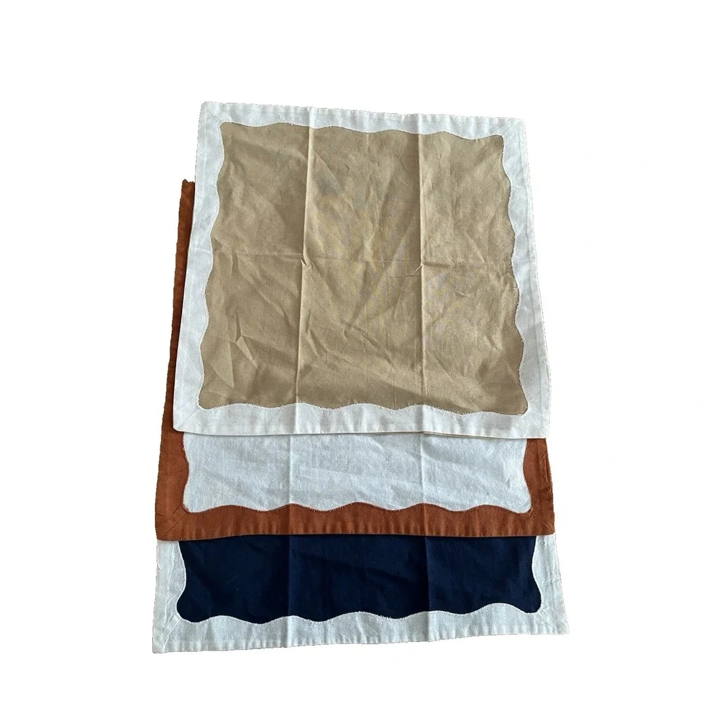Anthropologie Ruby Scallop Border Napkins Set 3 NWOT Stone Navy Rust Orange Boho